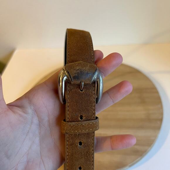 Vintage USA Made Tan Genuine Suede Leather Silver Tipped Western Belt Size L - Picture 6 of 11